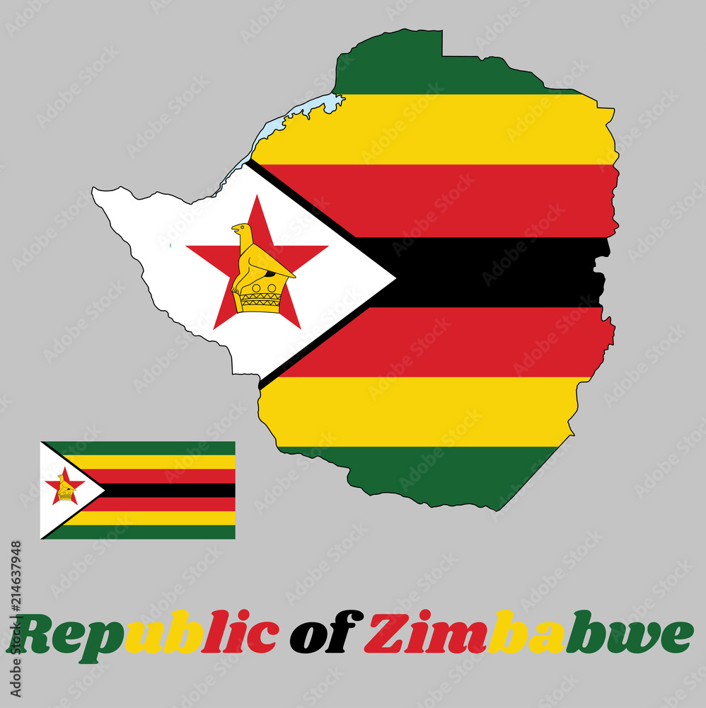 Map outline and flag of Zimbabwe, seven horizontal stripes of green,  yellow, red, black, with a