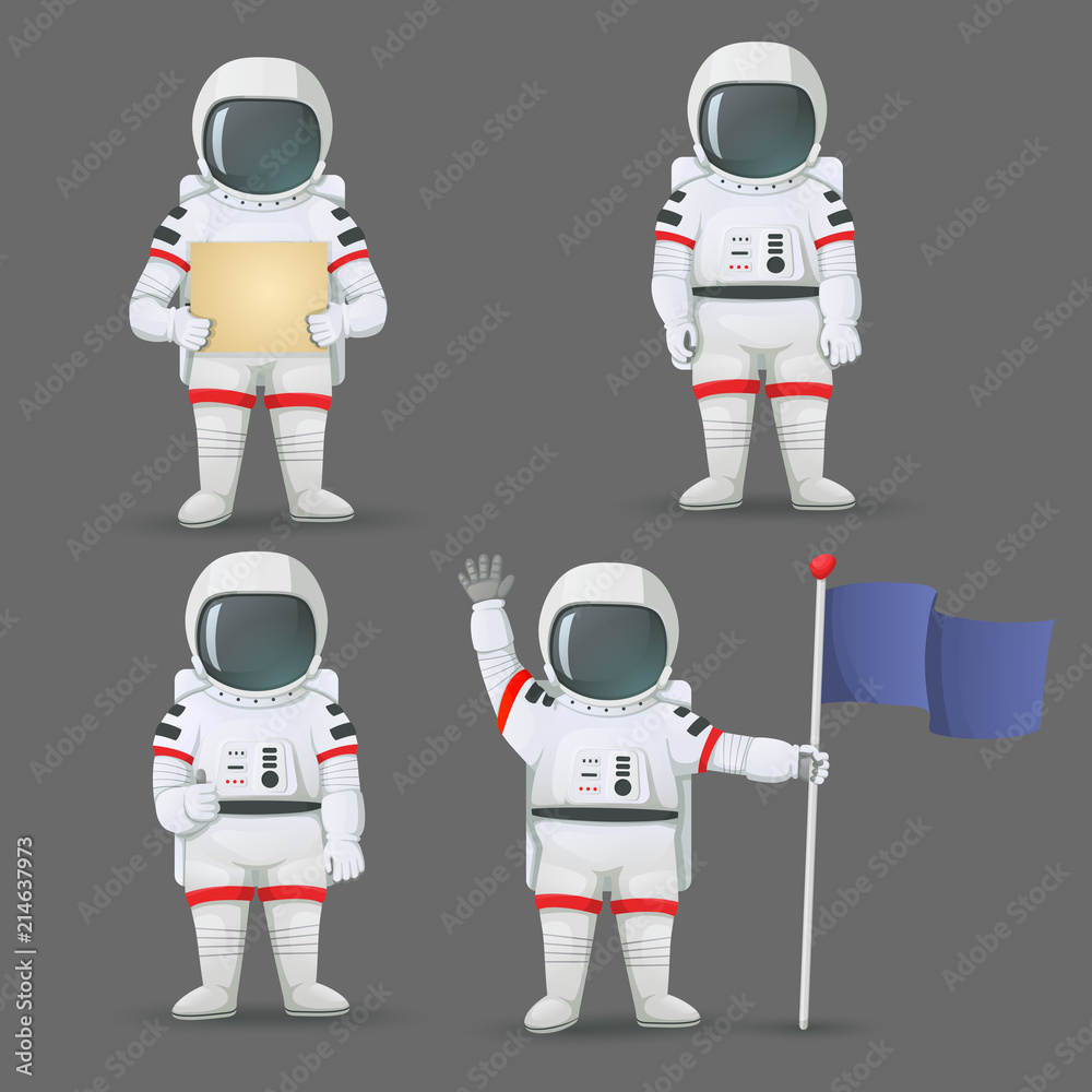 Set of astronauts standing with different gestures isolated on grey background. Giving thumbs up, waving, holding the flag, sign.