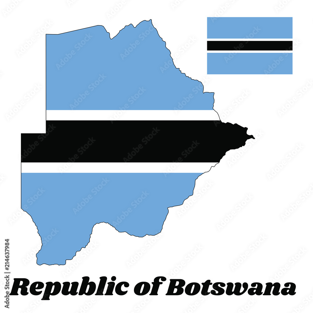 Fototapeta premium Map outline and flag of Botswana, a light blue field cut horizontally in the centre by a black stripe with a thin white frame. with name text Republic of Botswana.