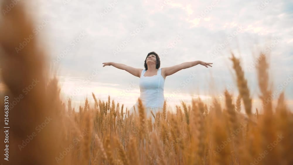 Plus size fashion model in slow motion video walking white dress on field wheat. fat woman on nature in the field grass flowers summer. agriculture overweight female body. full girl lifestyle length Plus size fashion model in slow motion video walking white dress on field wheat. fat woman on nature in the field grass flowers summer. agriculture overweight female body. full girl lifestyle length