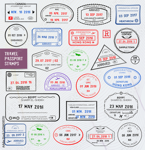Set of international travel passport stamps.