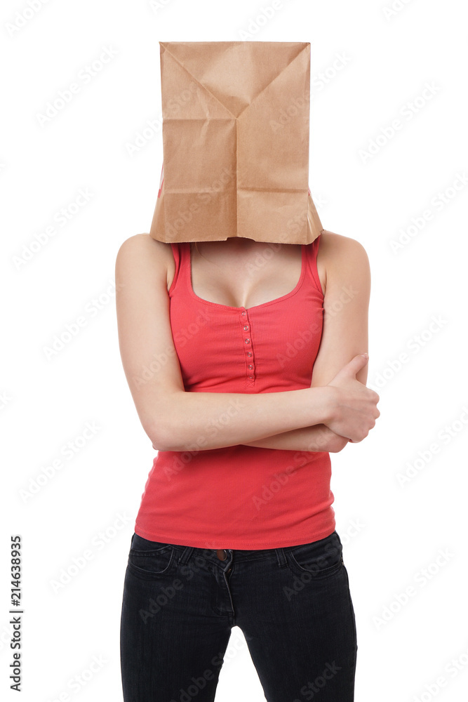young woman with brown paper bag hiding her face Stock Photo | Adobe Stock