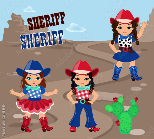 Three girls cowboy on the background of rocky desert.