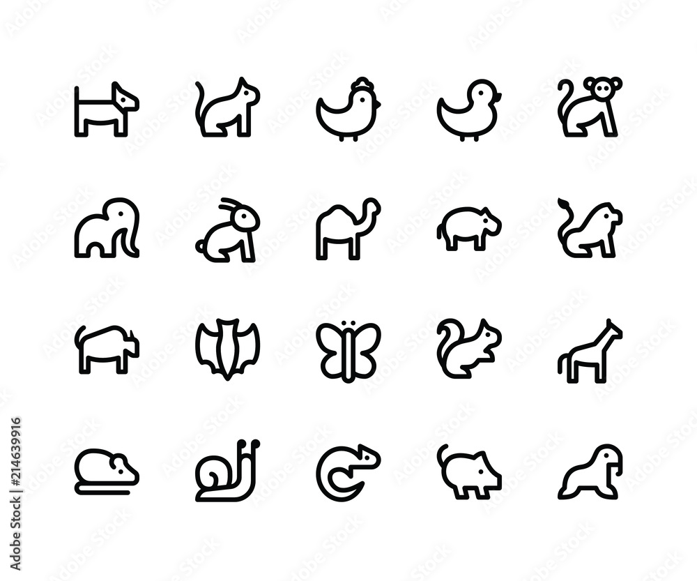 Simple Set of Animal Related Vector Line Icons. Contains such Icons as dog, cat, chick, duck, monkey and More. pixel perfect vector icons based on 32px grid editable strokes.
