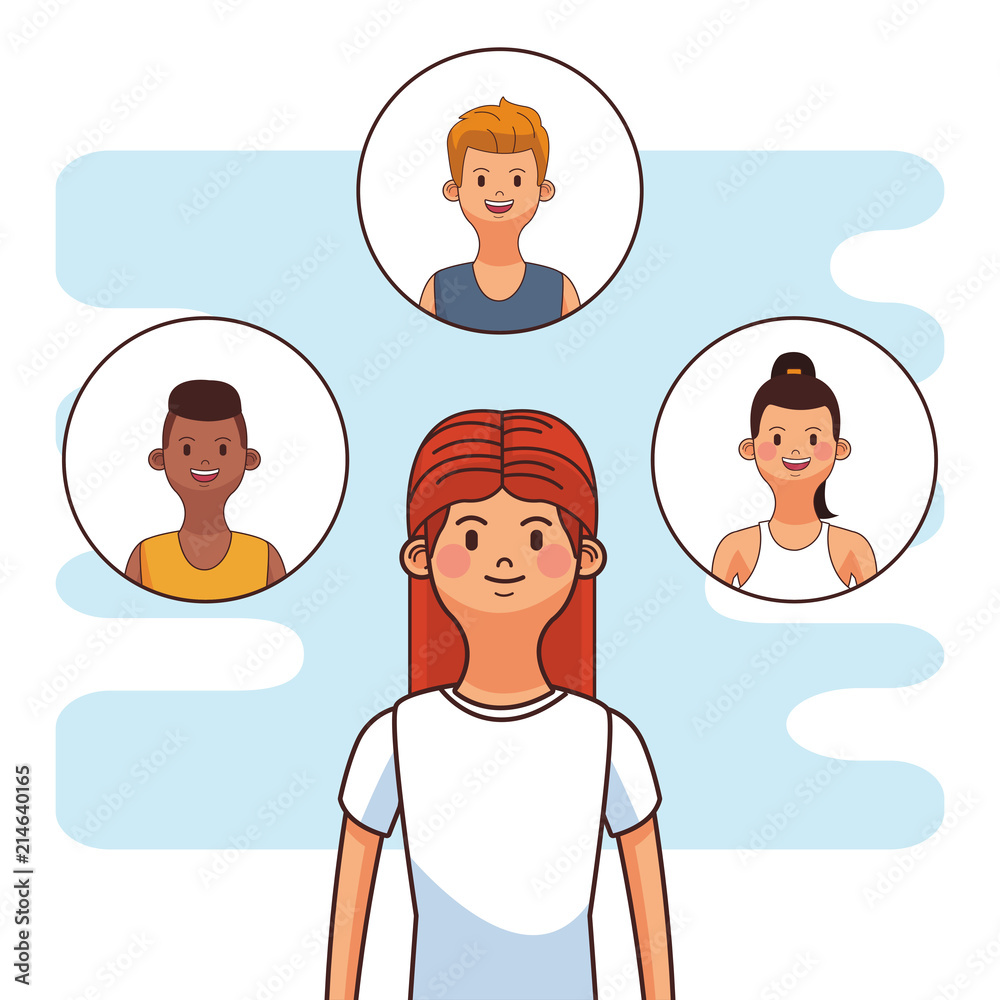 Young woman with friends on round icons vector illustration graphic design