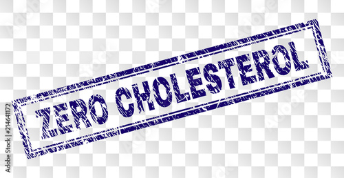 ZERO CHOLESTEROL stamp seal print with scratched style and double framed rectangle shape. Stamp is placed on a transparent background.