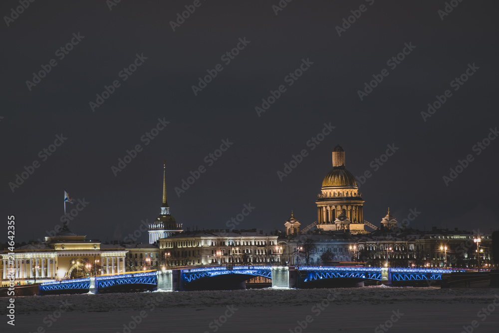 View of the Admiralty, the Palace of Prince M. M. Romanov, St. Isaac's Cathedral and the Palace bridge.