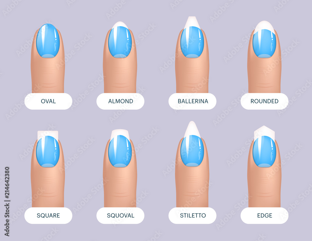 Set of simple realistic blue manicured nails with different shapes. Vector illustration for your graphic design. Set of simple realistic blue manicured nails with different shapes. Vector illustration for your graphic design.