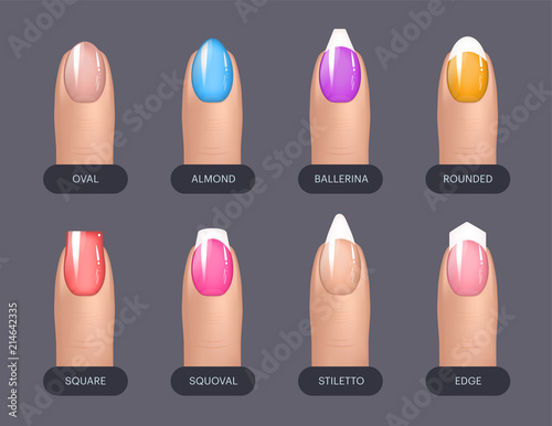 Set of simple realistic colorful manicured nails with different shapes. Vector illustration for your graphic design.