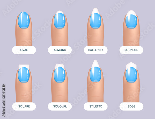 Set of simple realistic blue manicured nails with different shapes. Vector illustration for your graphic design.