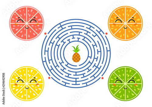 Round maze with cartoon characters. Lovely fruit. An interesting and developing game for children. Simple flat isolated vector illustration