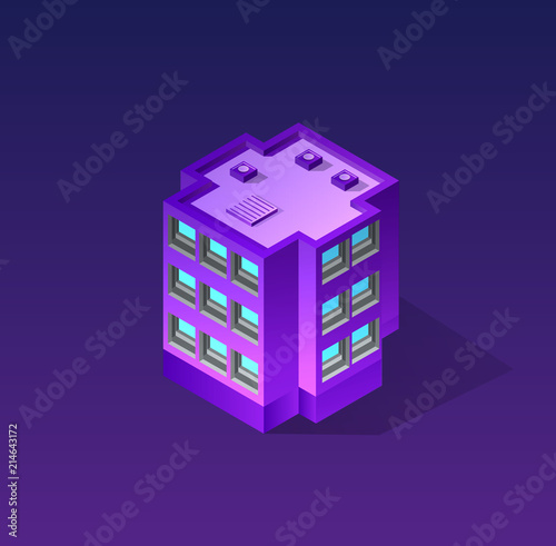 Isometric ultraviolet home of violet colors 3d building modern town street, urban road architecture. Vector illustration map of isometry for the business design concept.