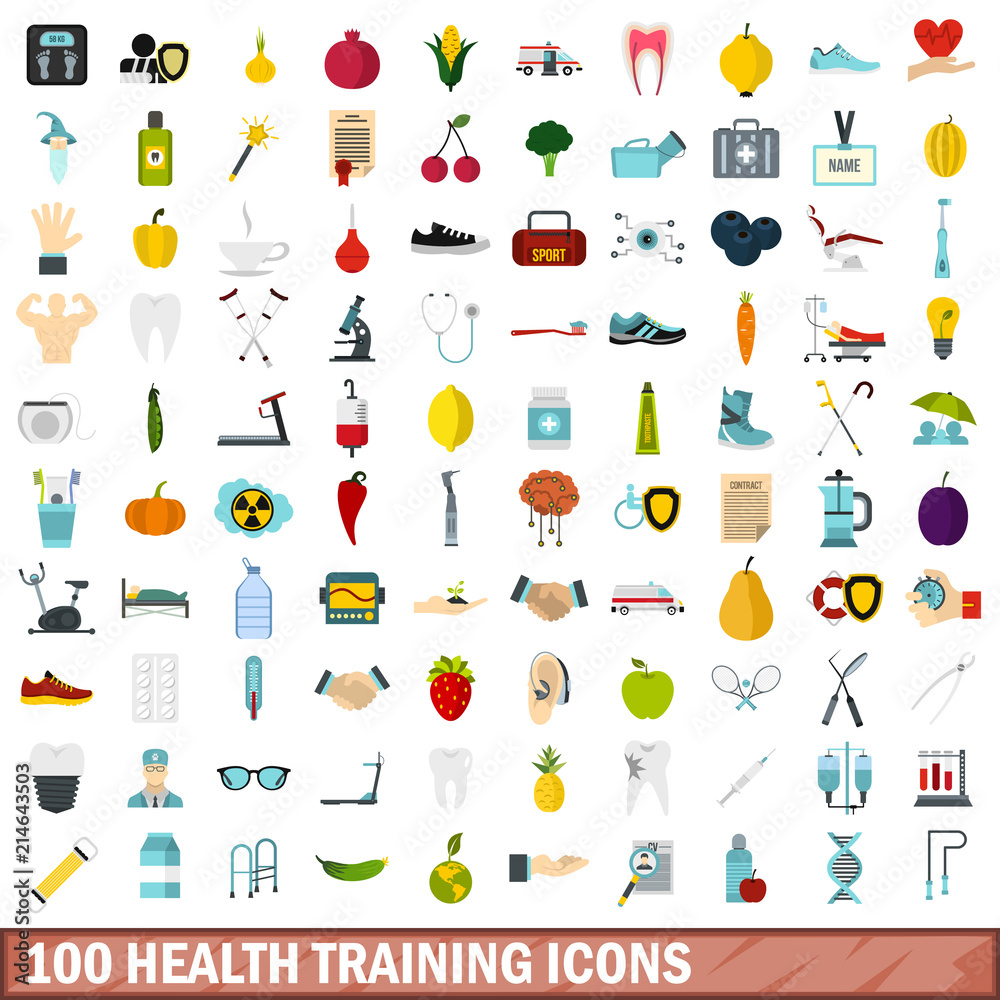 100 health training icons set in flat style for any design vector illustration 100 health training icons set in flat style for any design vector illustration