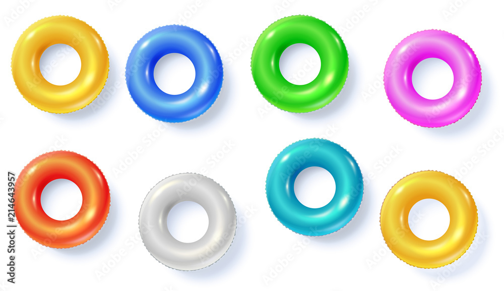 Swimming rings isolated on white, top view. Colored inflatable circles for swimming in flat lay position. Set of vector icons, template for your summertime design, cover, posters, 3D illustration. Swimming rings isolated on white, top view. Colored inflatable circles for swimming in flat lay position. Set of vector icons, template for your summertime design, cover, posters, 3D illustration.