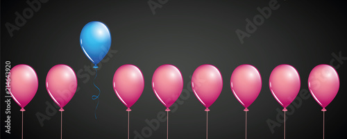 ein blauer luftballon zwischen vielen pinken