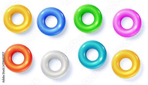 Swimming rings isolated on white, top view. Colored inflatable circles for swimming in flat lay position. Set of vector icons, template for your summertime design, cover, posters, 3D illustration.