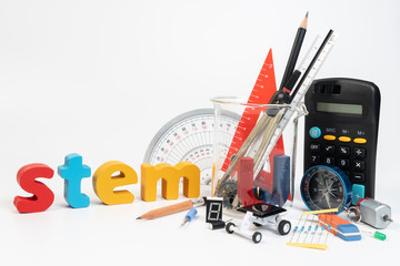 Equipment of STEM education, Science, Technology, Engineering, Mathematics. STEM education concept isolated on white background.