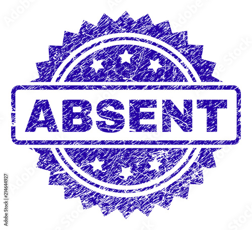ABSENT stamp imprint with dirty style. Blue vector rubber seal print of ABSENT caption with dirty texture.