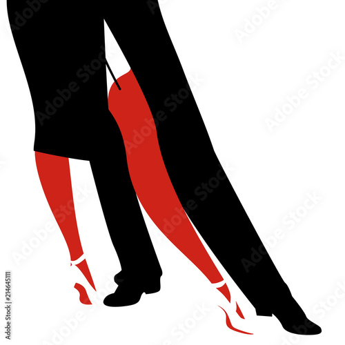 Legs of woman and man dancing tango on white background