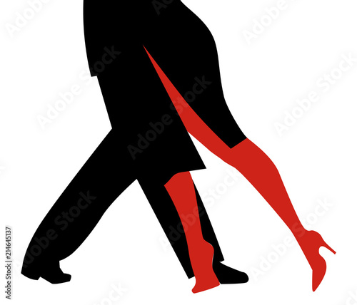 Legs of woman and man dancing tango on white background