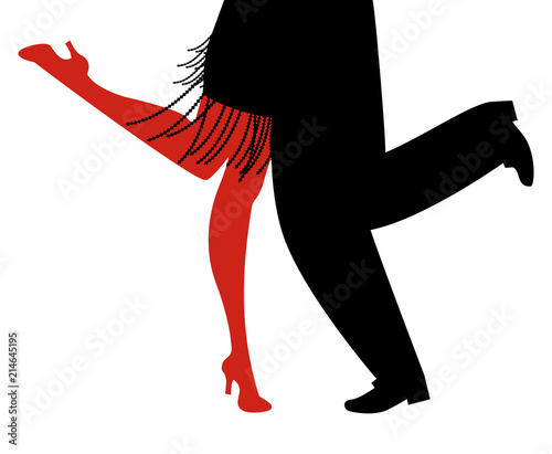 Legs of woman and man wearing retro clothes dancing Charleston on white background