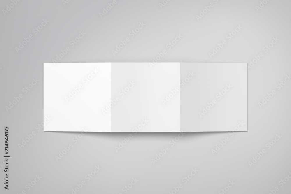 Brochure mock-up isolated. Hovering blank tri fold paper brochure on background. Mock up opened magazine, journal, booklet, postcard, flyer, business card or brochure. Cover for your design.