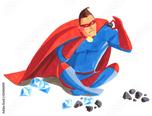 Portrait of superhero who is sitting and filtering stones and jewel
