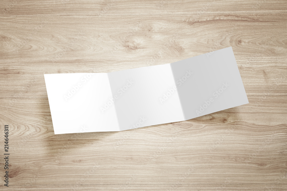 Brochure mock-up isolated. Hovering blank tri fold paper brochure on background. Mock up opened magazine, journal, booklet, postcard, flyer, business card or brochure. Cover for your design.