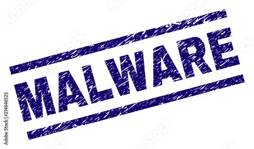 MALWARE stamp seal watermark with grunge style. Blue vector rubber print of MALWARE text with unclean texture. Text title is placed between parallel lines.