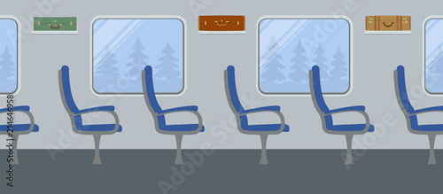 Interior of the train. Places in the train car. There are blue armchairs, windows, suitcases on the shelves in the picture. Outside the window are the trees. Vector