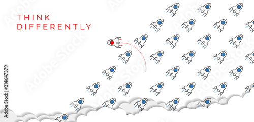 Think differently concept. Rocket changing direction. Vector