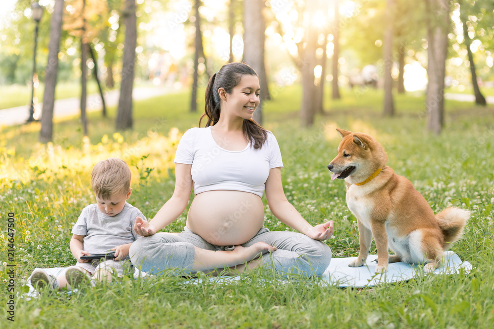 Young beautiful pregnant mother with baby son and with shiba inu dog exercising and doing yoga at summer park at sunset. Sportive and healthy motherhood. Fitness, happy maternity and healthy lifestyle