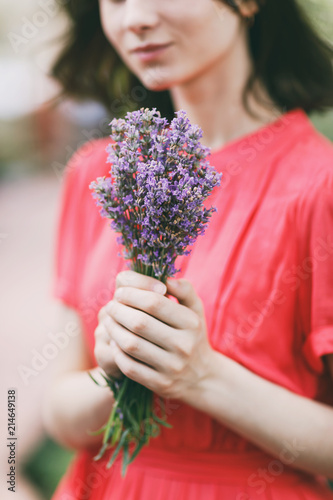 Bouquet of lavender in the hands of a girl, close-up