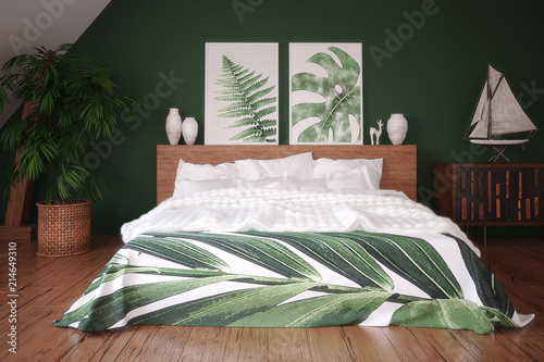 Fototapeta Naklejka Na Ścianę i Meble -  Green vintage bedroom interior, 3d render