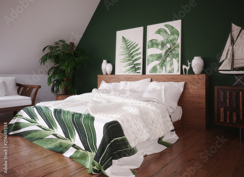 Fototapeta Naklejka Na Ścianę i Meble -  Green vintage bedroom interior, 3d render
