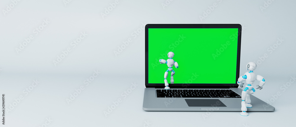 Two robots walking in the laptop screen, template 255 key green screen. Two robots walking in the laptop screen, template 255 key green screen.