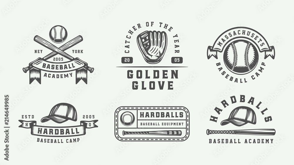 Vintage baseball sport logos, emblems, badges, marks, labels. Monochrome Graphic Art. Illustration.