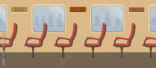 Interior of the train in brown colors. Places in the train car. There are red armchairs, windows, suitcases on the shelves in the picture. Outside the window are the trees. Vector 