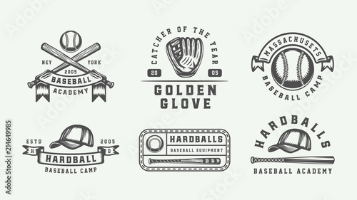 Vintage baseball sport logos, emblems, badges, marks, labels. Monochrome Graphic Art. Illustration.