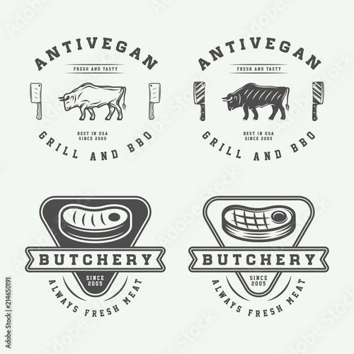 Set of vintage butchery meat  steak or bbq logos  emblems  badges  labels. Graphic Art. Illustration.