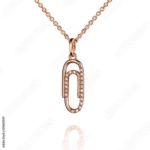 Jewelry golden pendant with diamonds, clip, paper-fastener, clinch, golden chain, rose gold, isolated on white