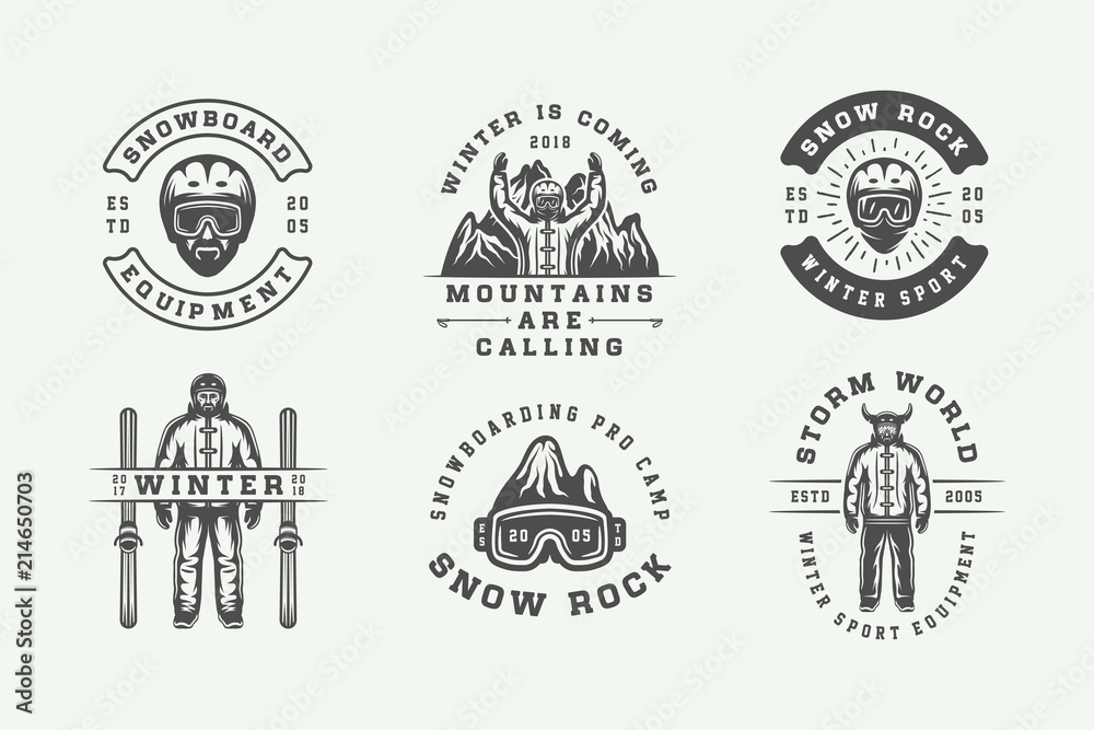 Obraz premium Set of vintage snowboarding, ski or winter sports logos, badges, emblems and design elements. illustration. Monochrome Graphic Art.