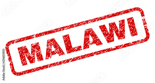 MALAWI stamp seal print with grunge style. Red vector rubber print of MALAWI tag with unclean texture. Text tag is placed inside rounded rectangle frame.