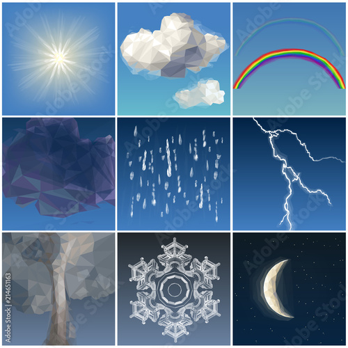 Weather themed set colorful low poly designs isolated on white background. Vector realistic illustration in modern style. 
