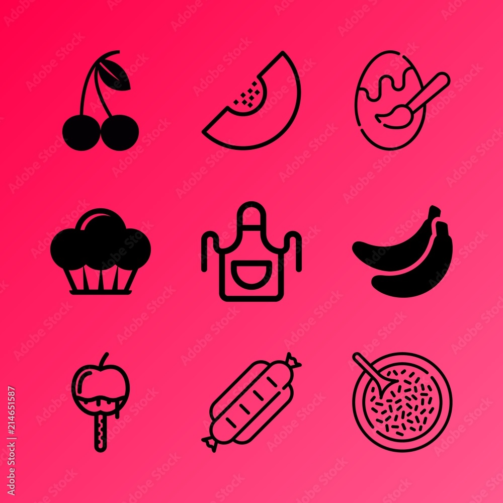 Vector icon set about food with 9 icons related to bright, coated, white background, 3d rendering, traditional, water-melon, refreshment, closeup, sticky and eating