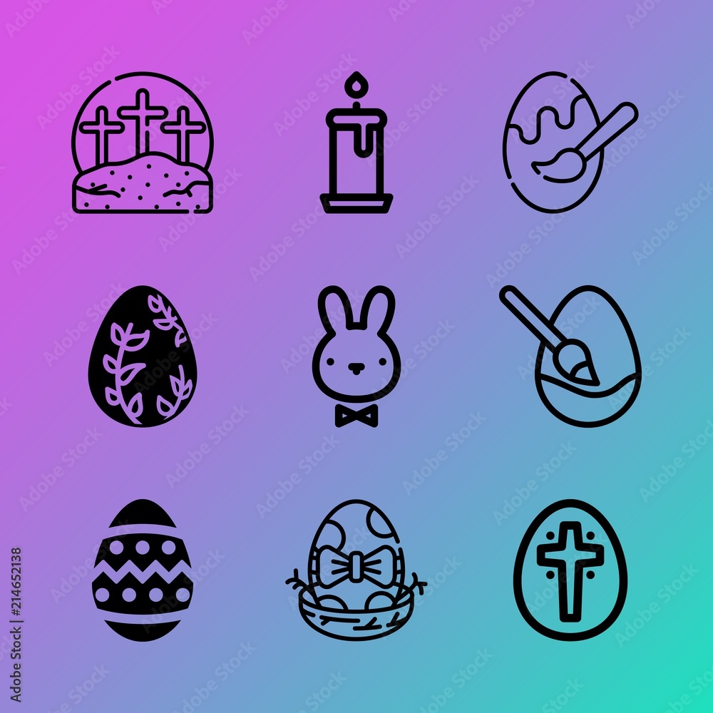 Vector icon set about easter with 9 icons related to group, invitation, catholic, white, floral, relaxation, bible, egg, traditional and calvary Vector icon set about easter with 9 icons related to group, invitation, catholic, white, floral, relaxation, bible, egg, traditional and calvary