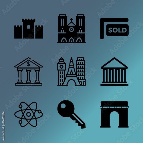 Vector icon set about building with 9 icons related to architecture, traffic, place, mark, plant, fuel, clock, banking, seine and blue