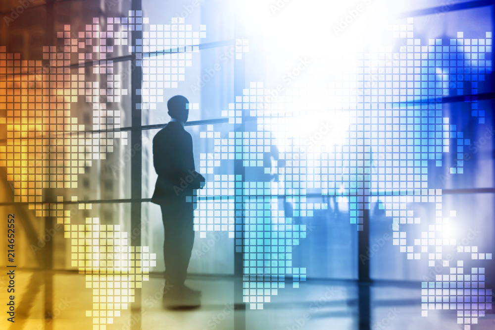 Double exposure world map on skyscraper background. Communication and global business concept. Double exposure world map on skyscraper background. Communication and global business concept.