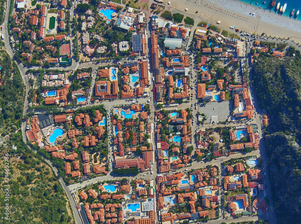 Fototapeta premium Hotels in Oludeniz and amazing beach, top view, Turkey