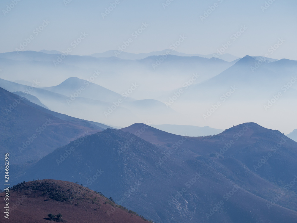 Hazy mountains and arid landscape of Malolotja Nature Reserve, Swaziland, Southern Africa